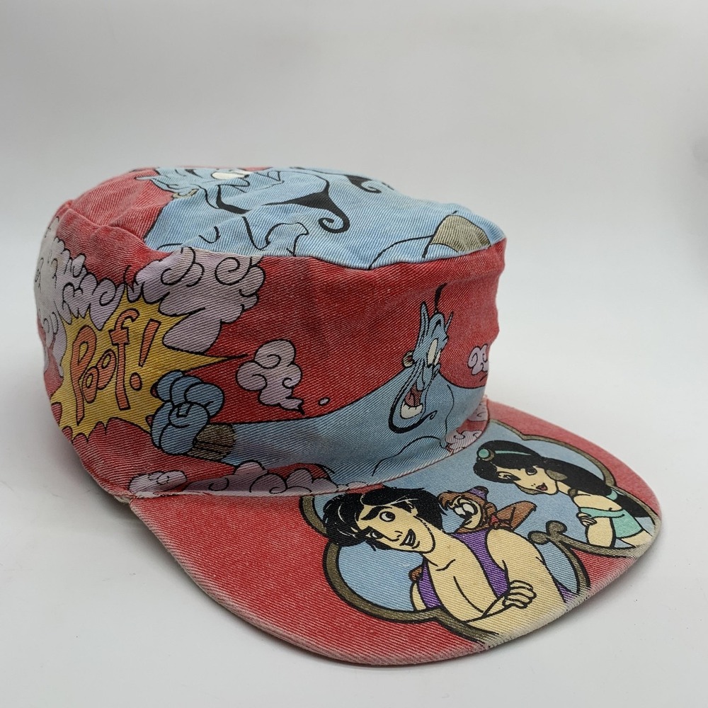 Vintage Disney Aladdin Genie Jasmine Hat Army Cap Boys One Size Red Denim 90s